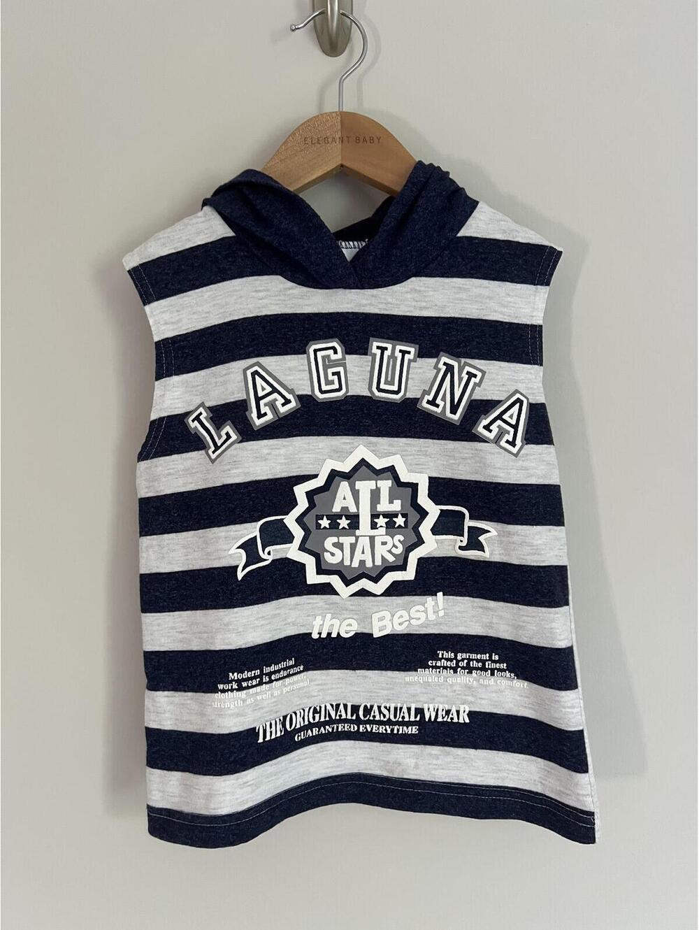 Vintage 90s Laguna Navy/Gray Striped Hooded Tank, Made in USA, Boys 6/7